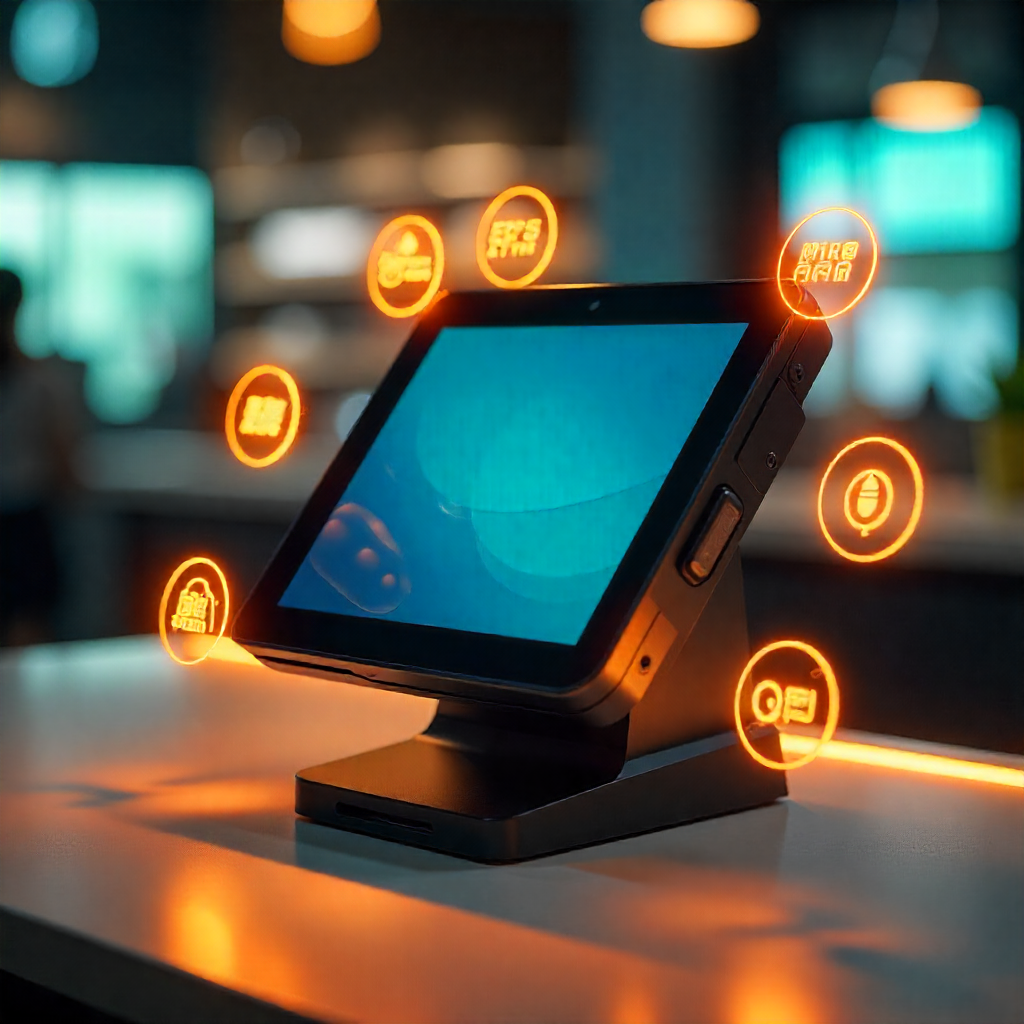 Android POS device with touchscreen, fingerprint sensor, and printer