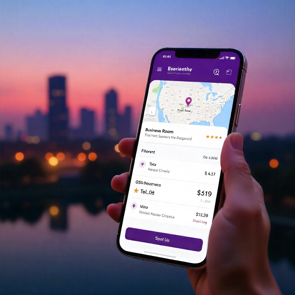 Hotel booking interface with Indian city skyline